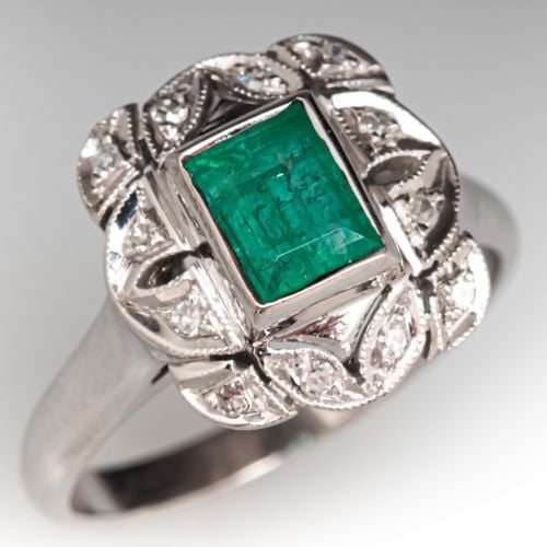 Rectangular Face Filigree Emerald Ring 14K White Gold