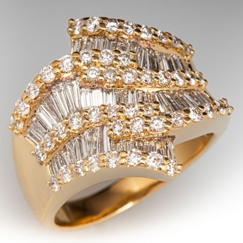 2 Carat Round & Baguette Diamond Cluster Ring 18K Yellow Gold