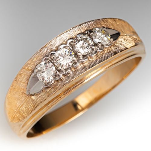 Vintage Mens Florentine Finish Diamond Ring 14K Two Tone Gold