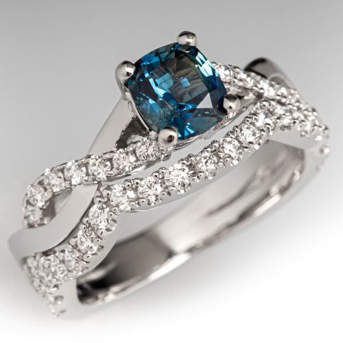 Greenish Blue Cushion Cut Sapphire Wedding Ring Set 14K White Gold