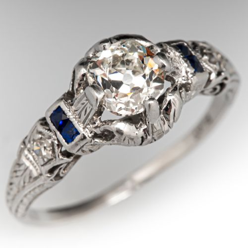 Art Deco Old Mine Diamond Engagement Ring Platinum .54Ct H/SI1