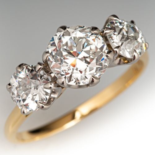 Old Euro Diamond Three Stone Engagement Ring 18K/ Platinum 1.35Ct J/I1 GIA