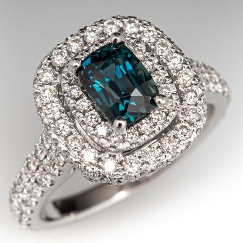 Double Halo Teal Cushion Cut Sapphire Engagement Ring 14K White Gold