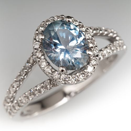 Diamond Halo Oval Montana Sapphire Engagement Ring 14K White Gold