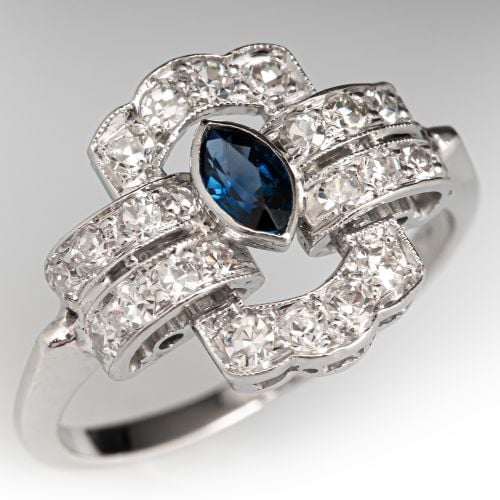 Vintage Diamond & Marquise Sapphire Ring 14K White Gold / Platinum 