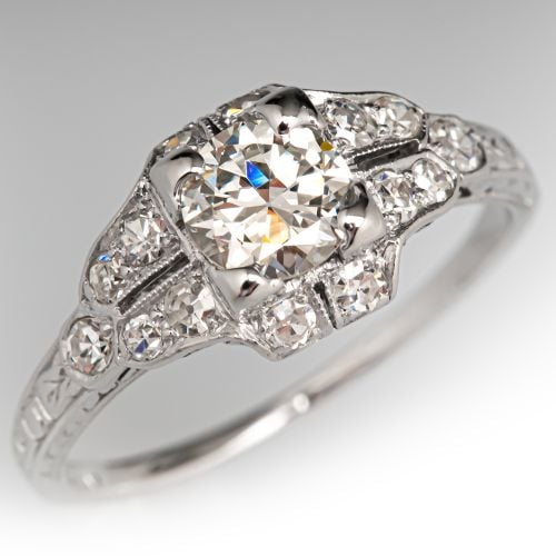 Intricate Art Deco Diamond Engagement Ring Platinum .56Ct H/VS1