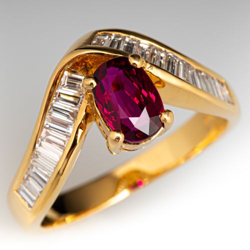 Captivating Ruby Ring w/ Baguette Diamond Accents 18K Yellow Gold