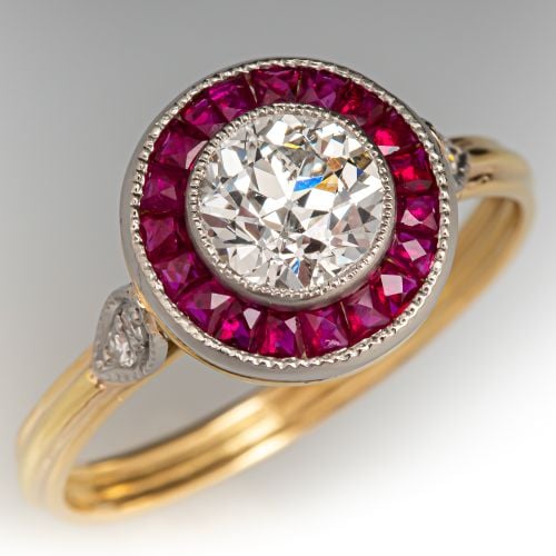 Ruby Halo Old Euro Diamond Engagement Ring 18K Yellow Gold/ Platinum .92Ct E/SI2 GIA