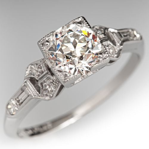 Architectural Art Deco Diamond Engagement Ring Platinum .95Ct H/SI1 GIA