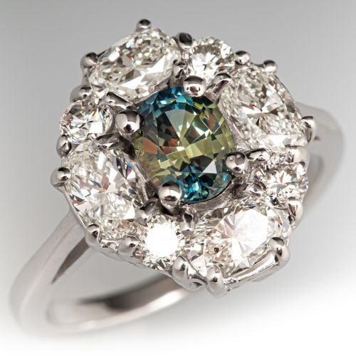 Oval Diamond & Bi Color Sapphire Ring 14K White Gold