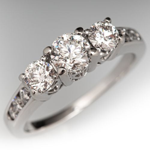 1 Carat Total Diamond Three Stone Engagement Ring 14K White Gold