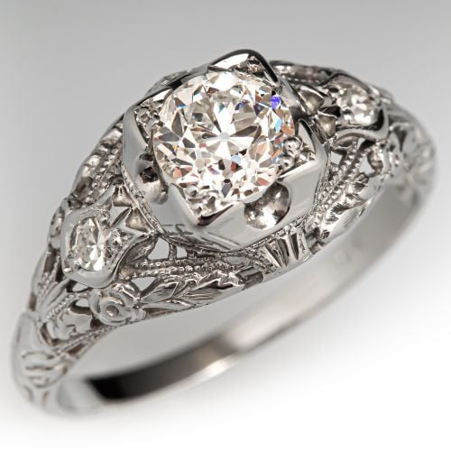 Art Deco Filigree Old European Diamond Engagement Ring .62Ct H/VS1