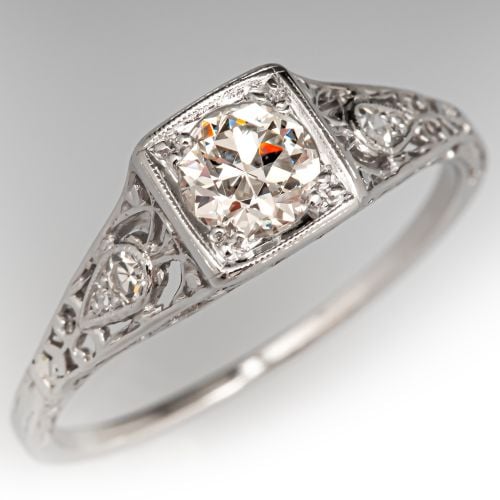Filigree Art Deco Diamond Engagement Ring Platinum .46Ct H/VS2
