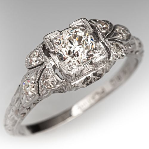 Art Deco Old European Cut Diamond Engagement Ring Platinum .41Ct I/SI1