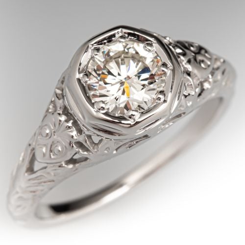 Vintage Engraved Diamond Engagement Ring 18K White Gold .63Ct J/SI1