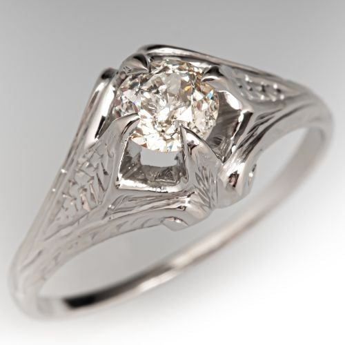 Engraved Art Deco Diamond Solitaire Engagement Ring 18K White Gold .48Ct J/I2