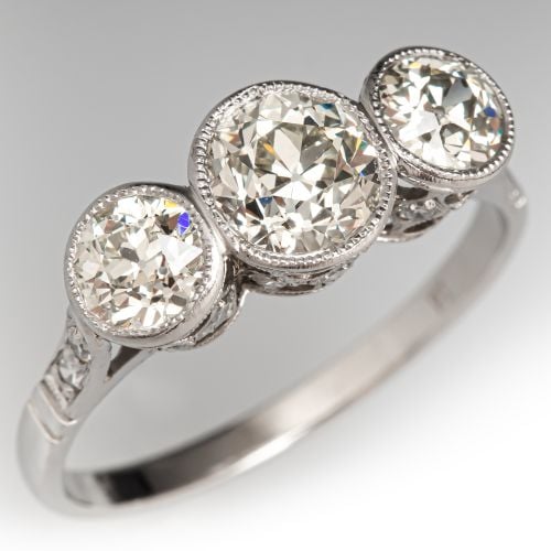 Art Deco Bezeled Diamond Three Stone Ring Platinum .94Ct QR/VS1 GIA