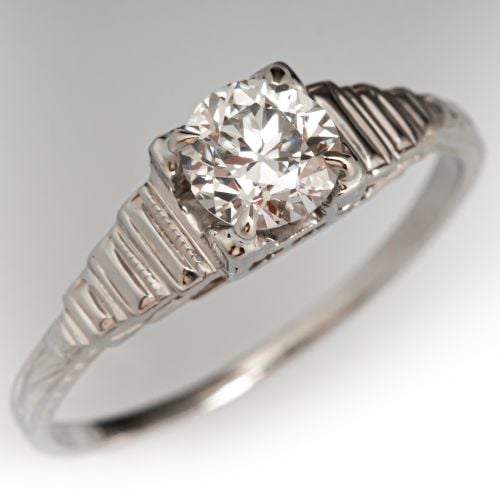 Tiered Old Euro Diamond Solitaire Engagement Ring White Gold .57Ct H/SI1 GIA