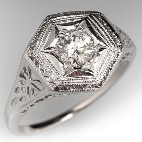 Circa 1920s Art Deco Star Set Diamond Ring Platinum/ 14K White Gold