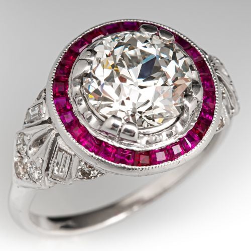 Spectacular Ruby Halo Old Euro Diamond Ring Platinum 2.33Ct J/SI1