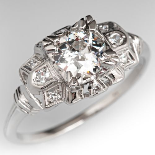 Vintage Old Euro Diamond Engagement Ring 14K White Gold .79Ct I/I1
