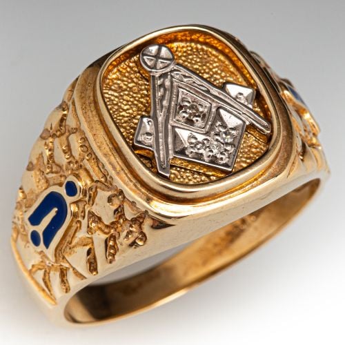 Diamond Accented Mens Masonic Ring Yellow Gold