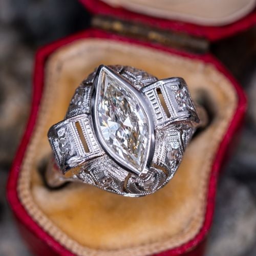 Antique Marquise Diamond Ring Platinum 1930's 1.57ct K/SI2 GIA