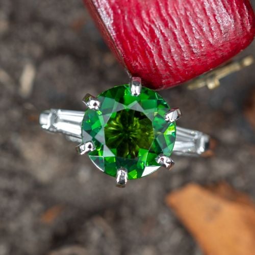 Green Tourmaline Engagement Ring w/ Baguette Diamonds Accents Platinum