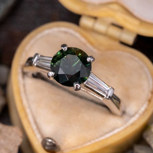 Dark Bluish Green Montana Sapphire Engagement Ring w/ Baguette Accents