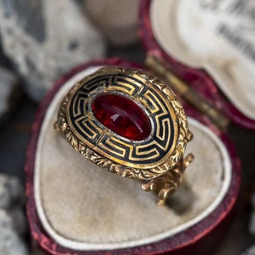 Red Glass & Black Enamel Yellow Gold Antique Ring