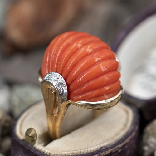 Vintage Cocktail Ring Coral & Diamond 14K Yellow Gold