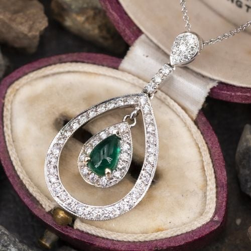 Beautiful Pear Cut Emerald & Diamond Pendant Necklace 14K White Gold