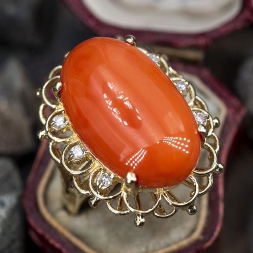 Estate Salmon Colored Pink Coral & Diamond Cocktail Ring 14K Yellow Gold