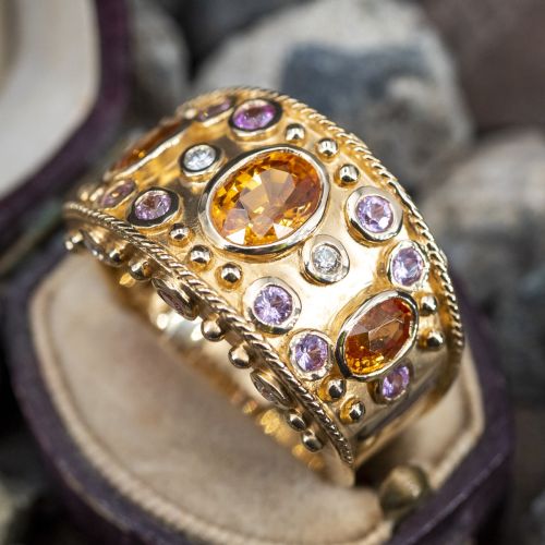 Spessartine Garnet Wide Band Ring w/ Pink Sapphires & Diamonds 14K Yellow Gold