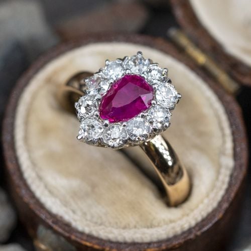 Pear Cut Ruby Engagement Ring w/ Diamond Halo 18K Yellow Gold