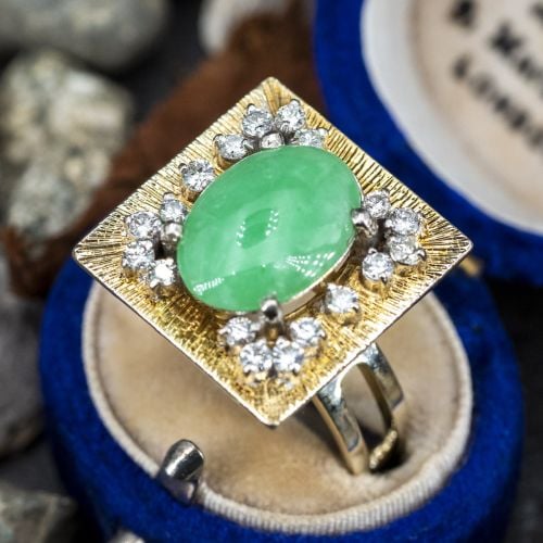 Vintage Jade Cocktail Ring w/ Diamond Accents 14K Yellow Gold