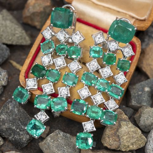 Magnificent Emerald Earrings w/ Diamonds 18K White Gold
