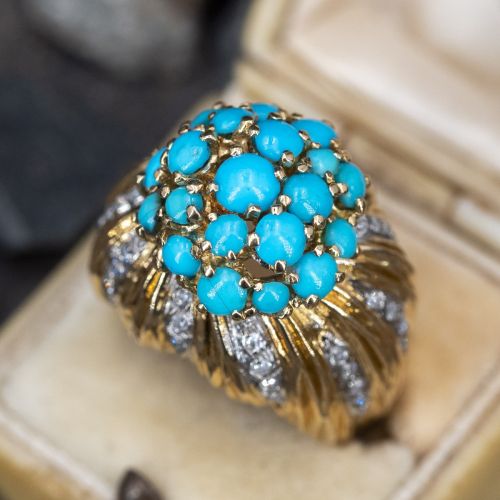 1970's Cherny Turquoise Cocktail Ring w/ Diamond Accents
