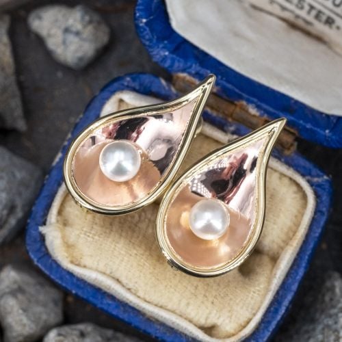 Teardrop Shaped Cultured Pearl Earrings 14K Gold