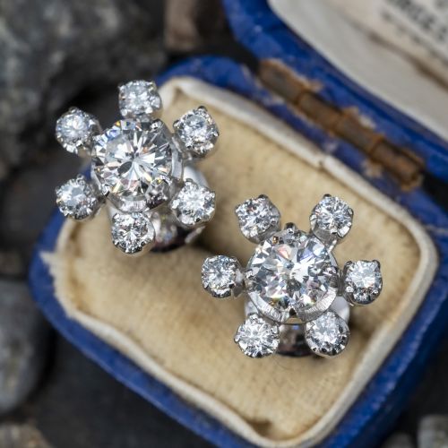 Vintage Diamond Snowflake Earrings 14K White Gold