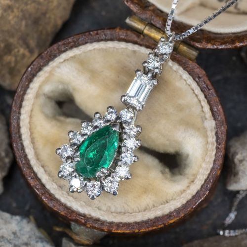Emerald & Diamond Pendant Necklace 18K White Gold
