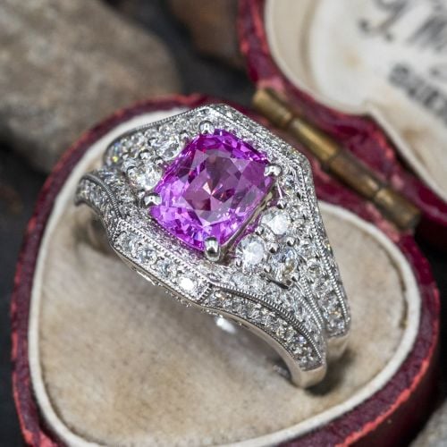 Pink Sapphire Engagement Ring w/ Diamonds 18K White Gold