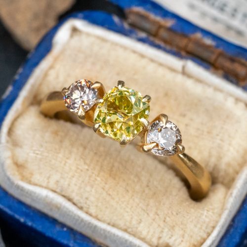 Fancy Color Old Mine Cut Diamond Ring 18K Yellow Gold .90ct GIA
