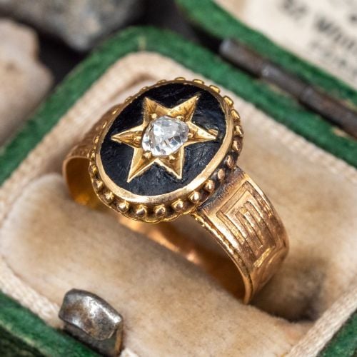 Size 3.25 Late-Victorian Diamond Ring Star Motif w/ Black Enamel 14K Gold