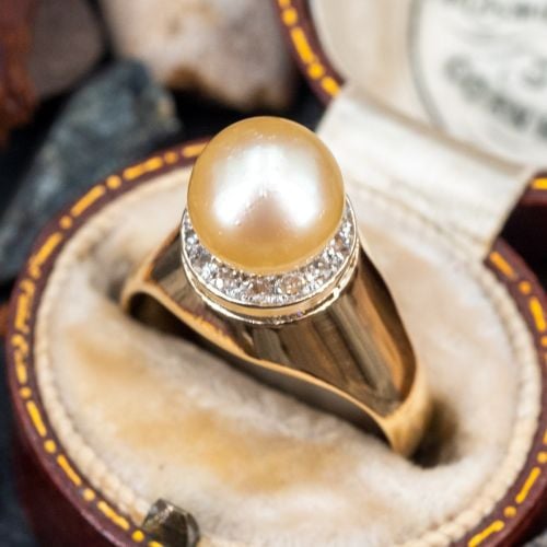 1940s Vintage Pearl Ring w/ Diamonds 14K Yellow Gold High Profile