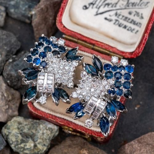 Vintage Blue Sapphire & Diamond Cluster Earrings 18K White Gold