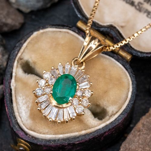 Emerald & Diamond Pendant Necklace 14K Yellow Gold