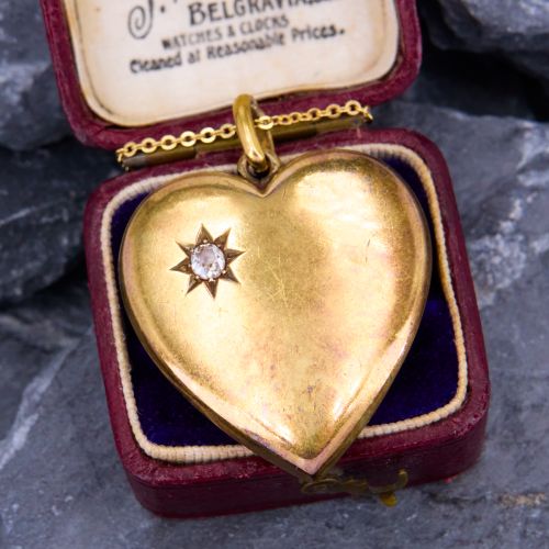 Antique Hollow Heart Pendant Necklace w/ Old Mine Cut Diamond 15K Yellow Gold 