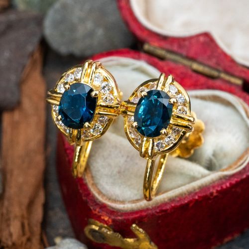 Sapphire Earrings w/ Diamond Accents 14K Yellow Gold Screw-Ons