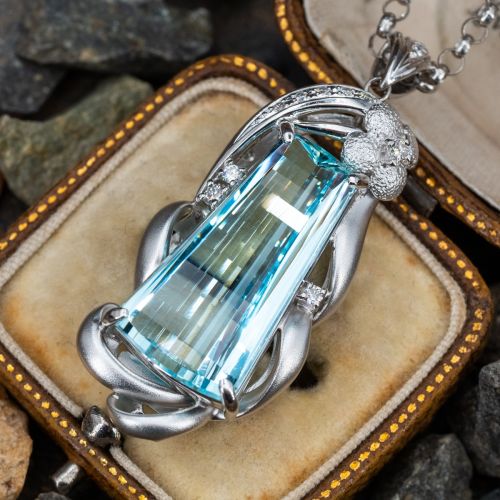 Large Aquamarine Floral Pendant Necklace w/ Diamond Accents Platinum